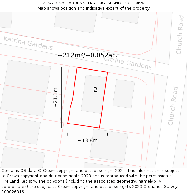 2, KATRINA GARDENS, HAYLING ISLAND, PO11 0NW: Plot and title map