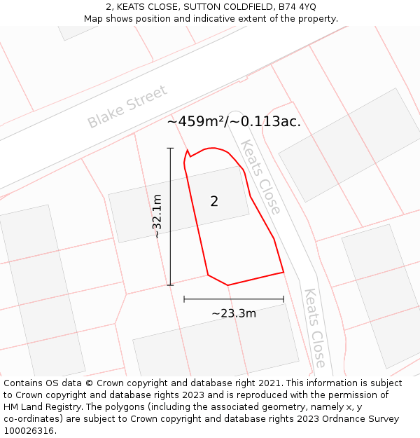 2, KEATS CLOSE, SUTTON COLDFIELD, B74 4YQ: Plot and title map