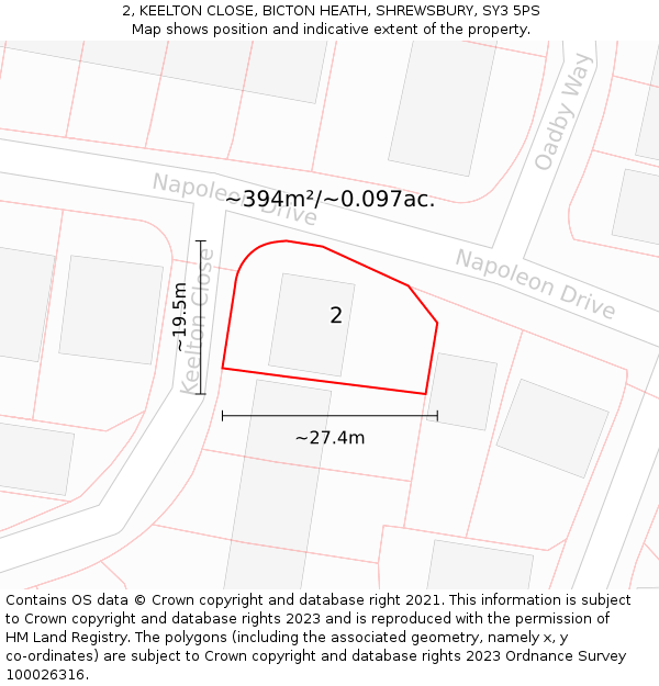 2, KEELTON CLOSE, BICTON HEATH, SHREWSBURY, SY3 5PS: Plot and title map