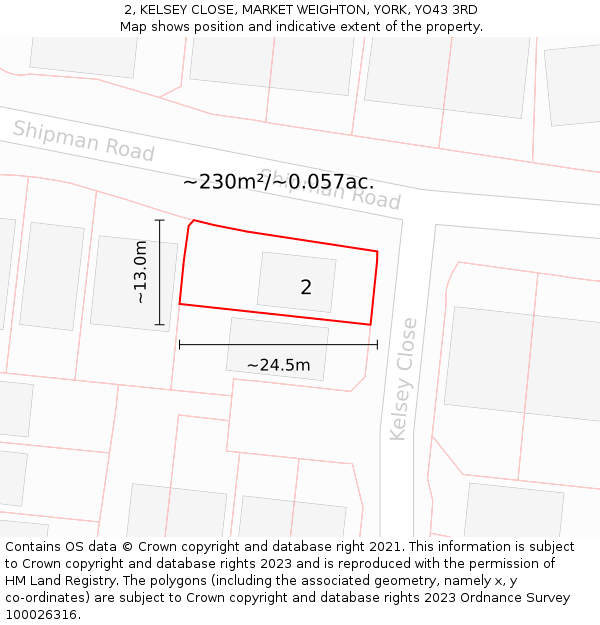 2, KELSEY CLOSE, MARKET WEIGHTON, YORK, YO43 3RD: Plot and title map
