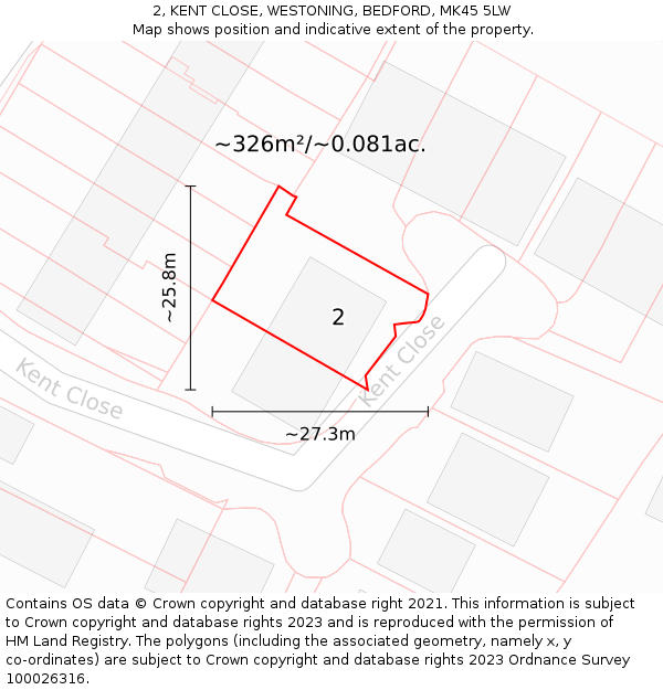 2, KENT CLOSE, WESTONING, BEDFORD, MK45 5LW: Plot and title map