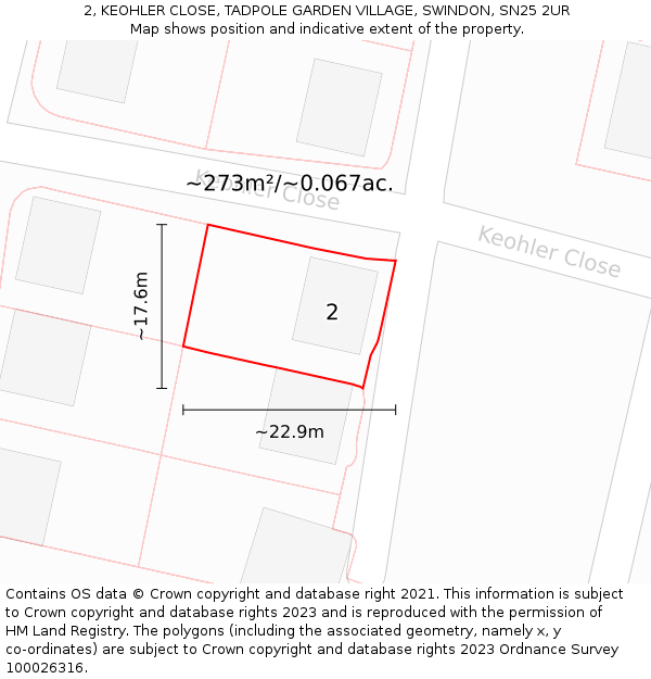 2, KEOHLER CLOSE, TADPOLE GARDEN VILLAGE, SWINDON, SN25 2UR: Plot and title map