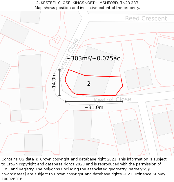 2, KESTREL CLOSE, KINGSNORTH, ASHFORD, TN23 3RB: Plot and title map