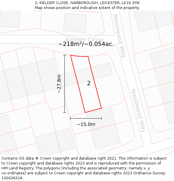 2, KIELDER CLOSE, NARBOROUGH, LEICESTER, LE19 3YW: Plot and title map