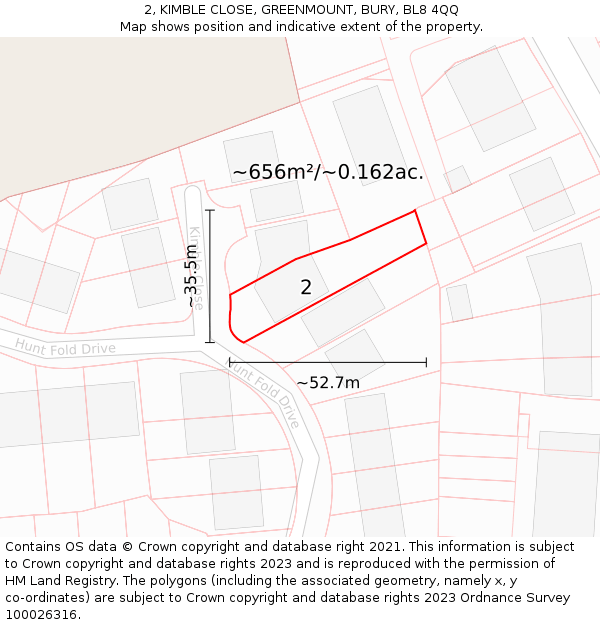 2, KIMBLE CLOSE, GREENMOUNT, BURY, BL8 4QQ: Plot and title map