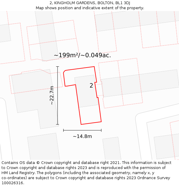 2, KINGHOLM GARDENS, BOLTON, BL1 3DJ: Plot and title map