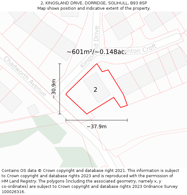2, KINGSLAND DRIVE, DORRIDGE, SOLIHULL, B93 8SP: Plot and title map