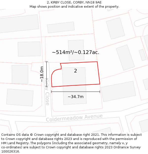 2, KIRBY CLOSE, CORBY, NN18 9AE: Plot and title map