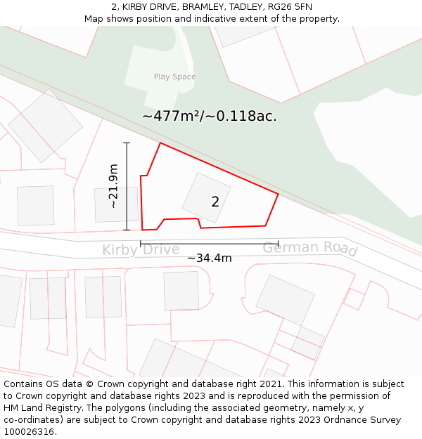 2, KIRBY DRIVE, BRAMLEY, TADLEY, RG26 5FN: Plot and title map