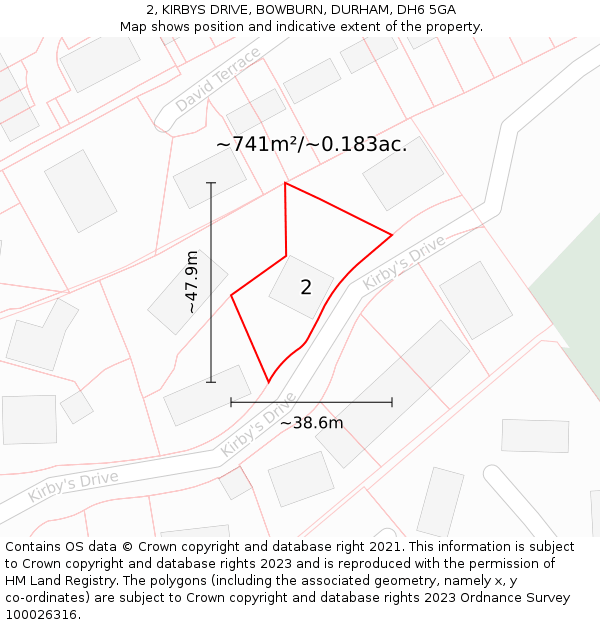 2, KIRBYS DRIVE, BOWBURN, DURHAM, DH6 5GA: Plot and title map