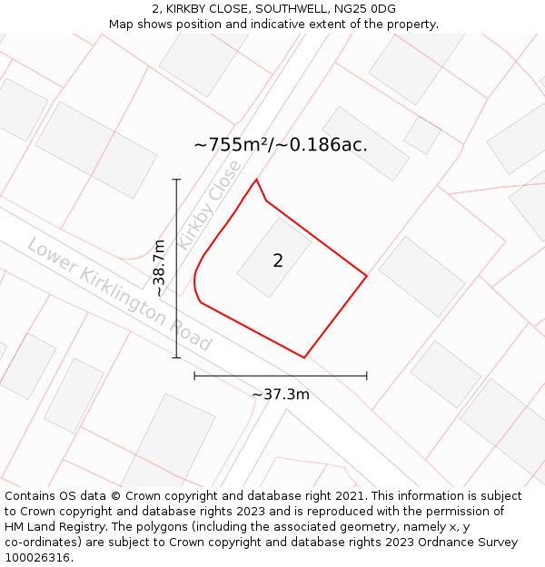 2, KIRKBY CLOSE, SOUTHWELL, NG25 0DG: Plot and title map