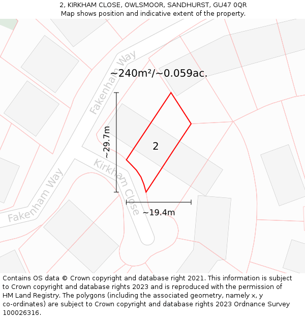 2, KIRKHAM CLOSE, OWLSMOOR, SANDHURST, GU47 0QR: Plot and title map