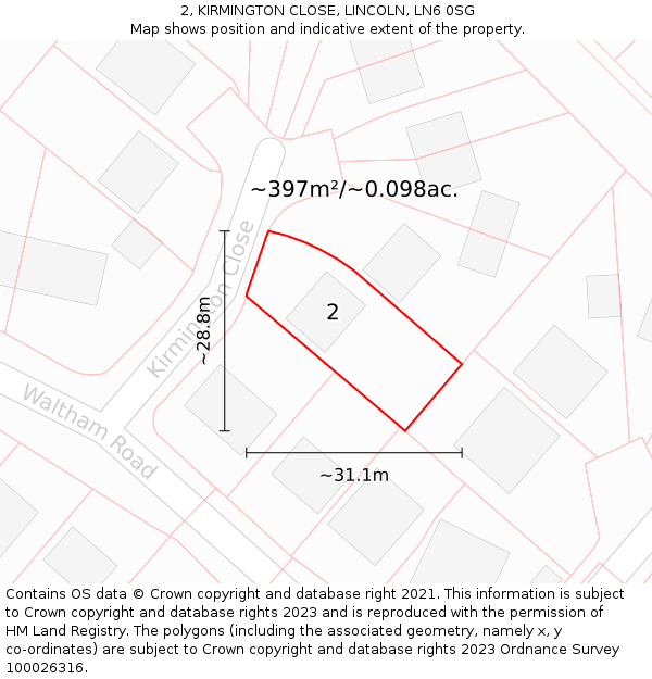 2, KIRMINGTON CLOSE, LINCOLN, LN6 0SG: Plot and title map