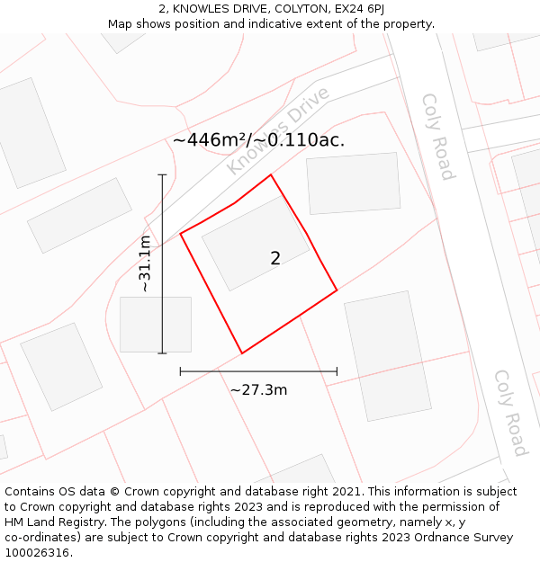 2, KNOWLES DRIVE, COLYTON, EX24 6PJ: Plot and title map