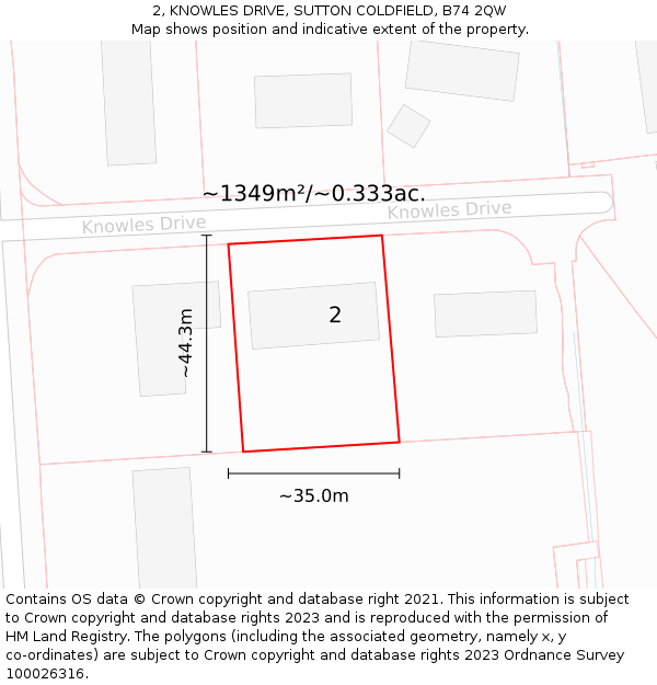 2, KNOWLES DRIVE, SUTTON COLDFIELD, B74 2QW: Plot and title map