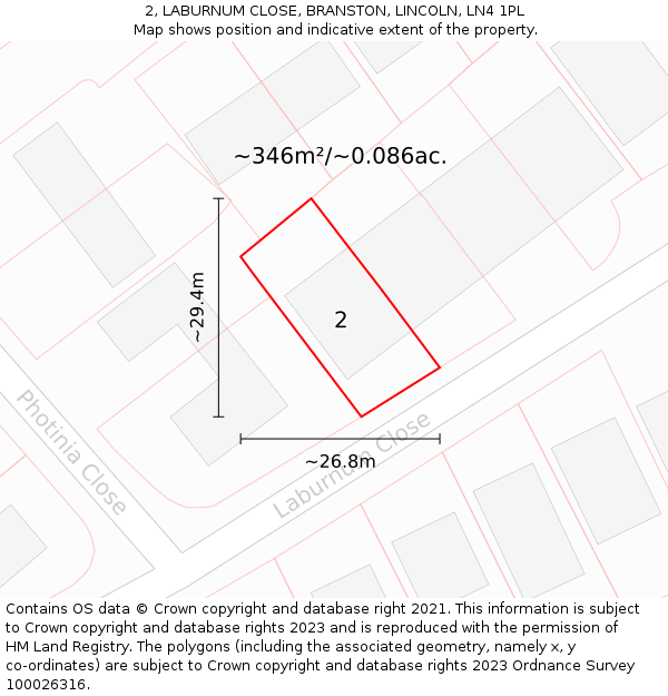 2, LABURNUM CLOSE, BRANSTON, LINCOLN, LN4 1PL: Plot and title map