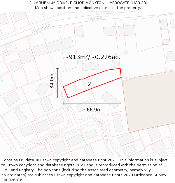 2, LABURNUM DRIVE, BISHOP MONKTON, HARROGATE, HG3 3RJ: Plot and title map