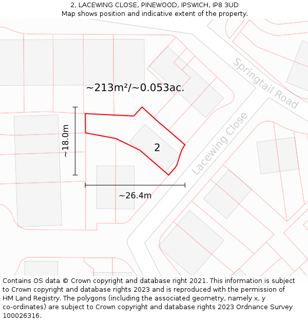 2, LACEWING CLOSE, PINEWOOD, IPSWICH, IP8 3UD: Plot and title map
