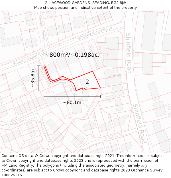 2, LACEWOOD GARDENS, READING, RG2 8JW: Plot and title map