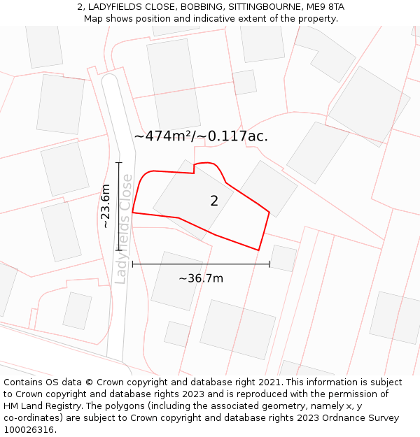 2, LADYFIELDS CLOSE, BOBBING, SITTINGBOURNE, ME9 8TA: Plot and title map