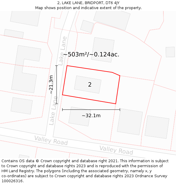 2, LAKE LANE, BRIDPORT, DT6 4JY: Plot and title map