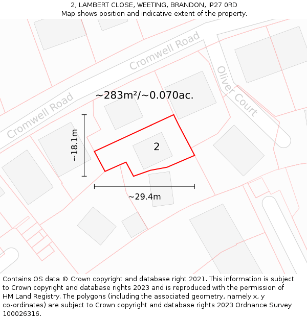 2, LAMBERT CLOSE, WEETING, BRANDON, IP27 0RD: Plot and title map