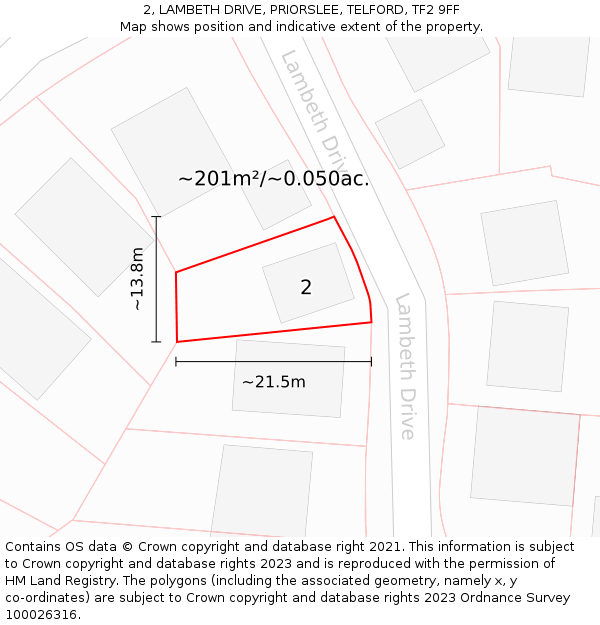 2, LAMBETH DRIVE, PRIORSLEE, TELFORD, TF2 9FF: Plot and title map