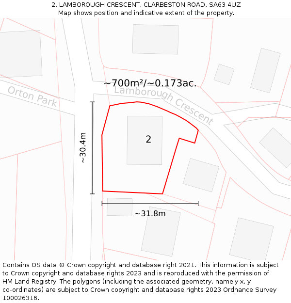 2, LAMBOROUGH CRESCENT, CLARBESTON ROAD, SA63 4UZ: Plot and title map