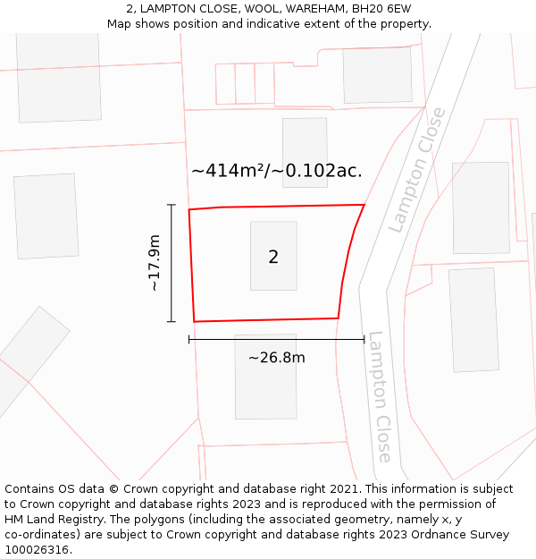 2, LAMPTON CLOSE, WOOL, WAREHAM, BH20 6EW: Plot and title map