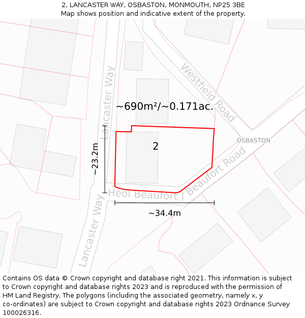 2, LANCASTER WAY, OSBASTON, MONMOUTH, NP25 3BE: Plot and title map