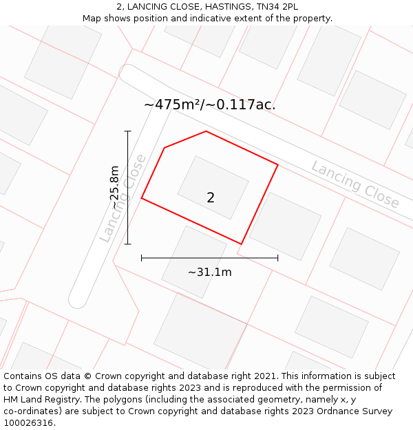 2, LANCING CLOSE, HASTINGS, TN34 2PL: Plot and title map