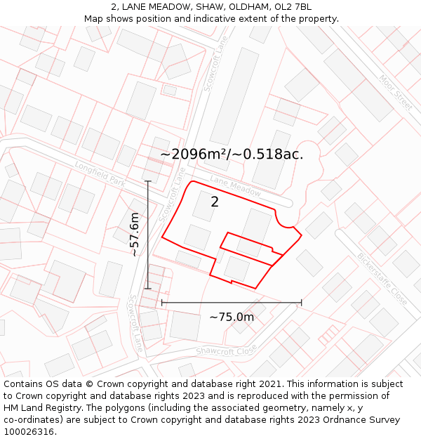 2, LANE MEADOW, SHAW, OLDHAM, OL2 7BL: Plot and title map