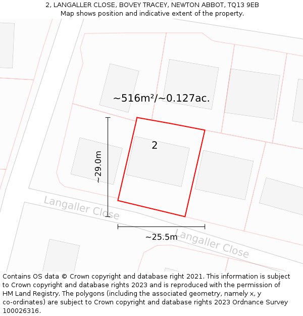 2, LANGALLER CLOSE, BOVEY TRACEY, NEWTON ABBOT, TQ13 9EB: Plot and title map