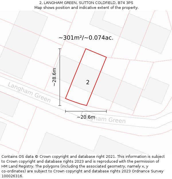 2, LANGHAM GREEN, SUTTON COLDFIELD, B74 3PS: Plot and title map