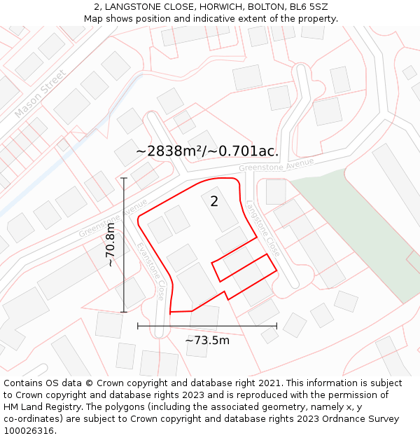 2, LANGSTONE CLOSE, HORWICH, BOLTON, BL6 5SZ: Plot and title map