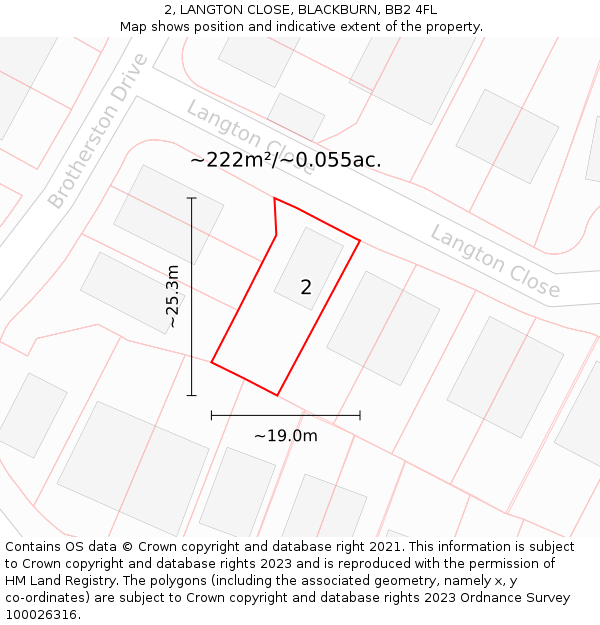 2, LANGTON CLOSE, BLACKBURN, BB2 4FL: Plot and title map