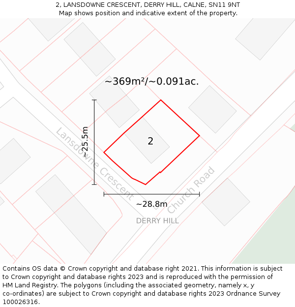 2, LANSDOWNE CRESCENT, DERRY HILL, CALNE, SN11 9NT: Plot and title map