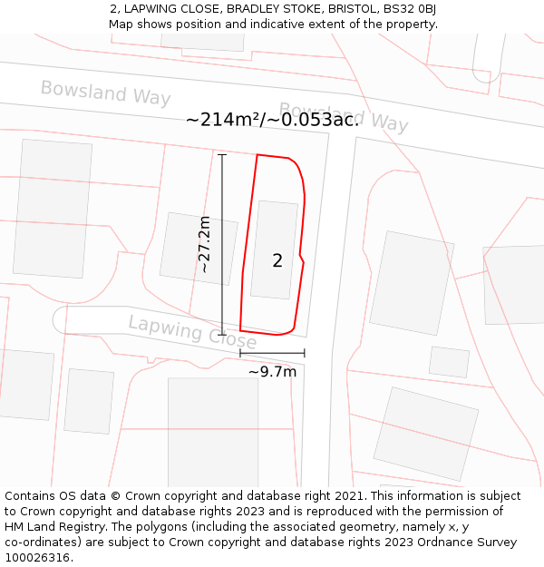 2, LAPWING CLOSE, BRADLEY STOKE, BRISTOL, BS32 0BJ: Plot and title map