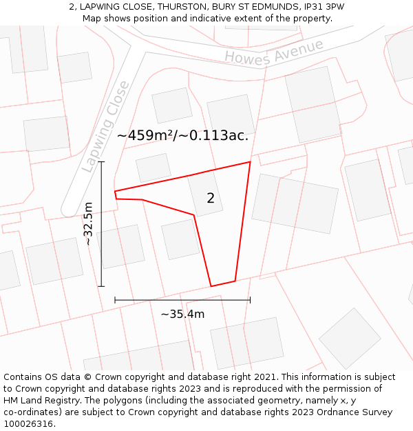 2, LAPWING CLOSE, THURSTON, BURY ST EDMUNDS, IP31 3PW: Plot and title map