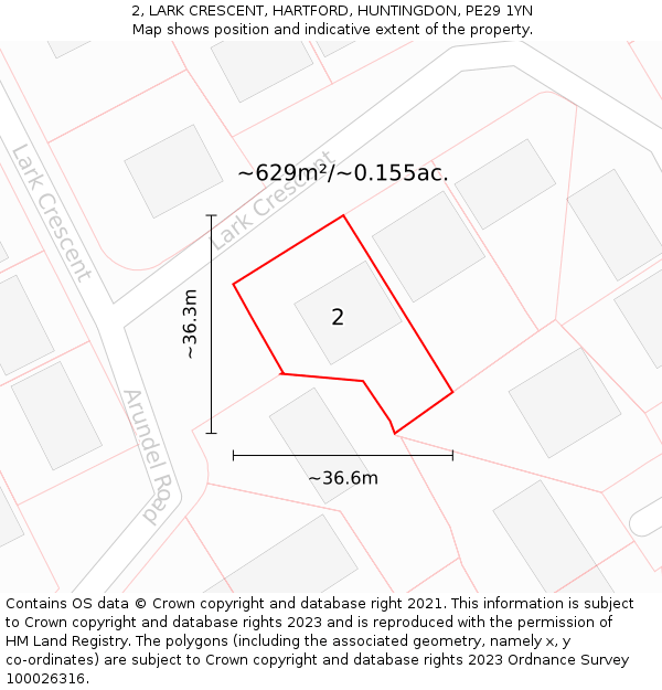 2, LARK CRESCENT, HARTFORD, HUNTINGDON, PE29 1YN: Plot and title map