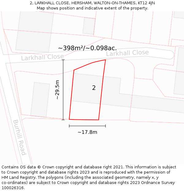 2, LARKHALL CLOSE, HERSHAM, WALTON-ON-THAMES, KT12 4JN: Plot and title map