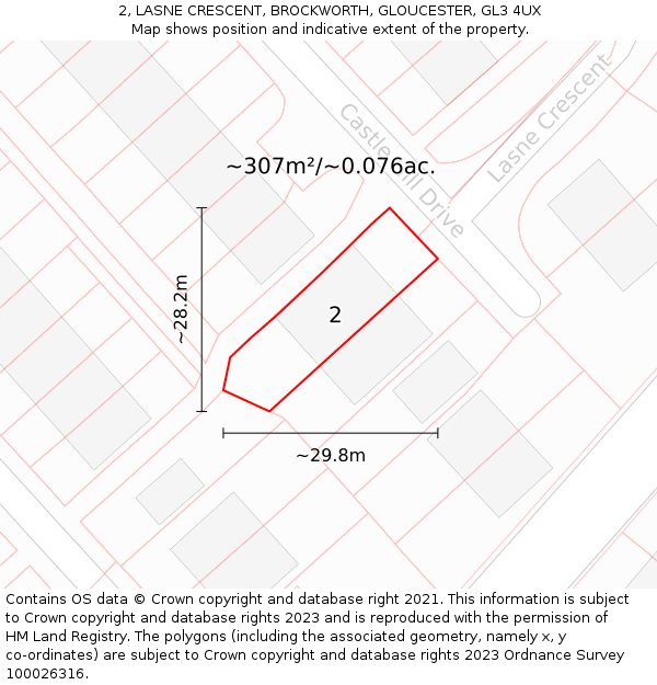 2, LASNE CRESCENT, BROCKWORTH, GLOUCESTER, GL3 4UX: Plot and title map