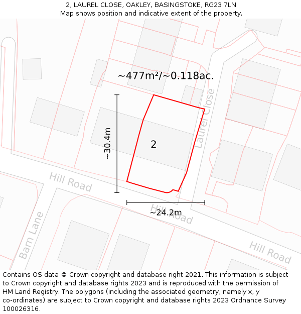 2, LAUREL CLOSE, OAKLEY, BASINGSTOKE, RG23 7LN: Plot and title map