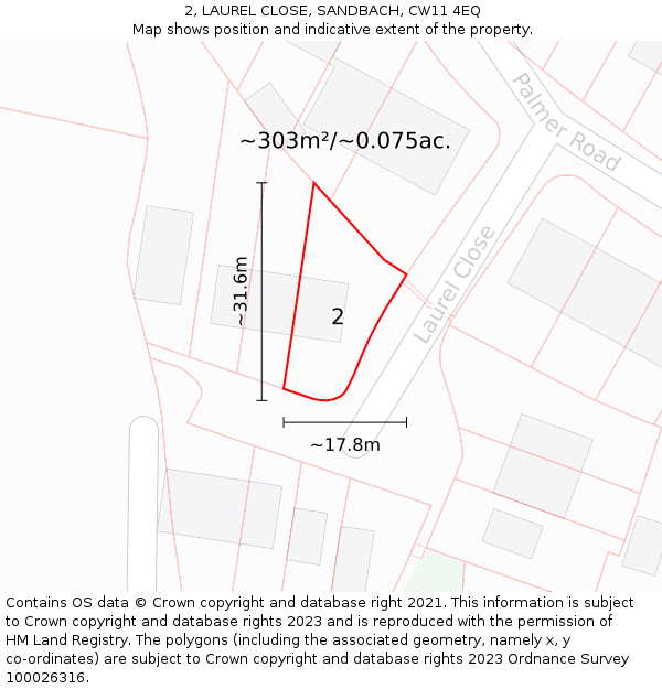 2, LAUREL CLOSE, SANDBACH, CW11 4EQ: Plot and title map
