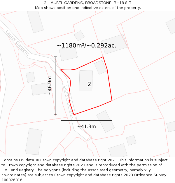 2, LAUREL GARDENS, BROADSTONE, BH18 8LT: Plot and title map