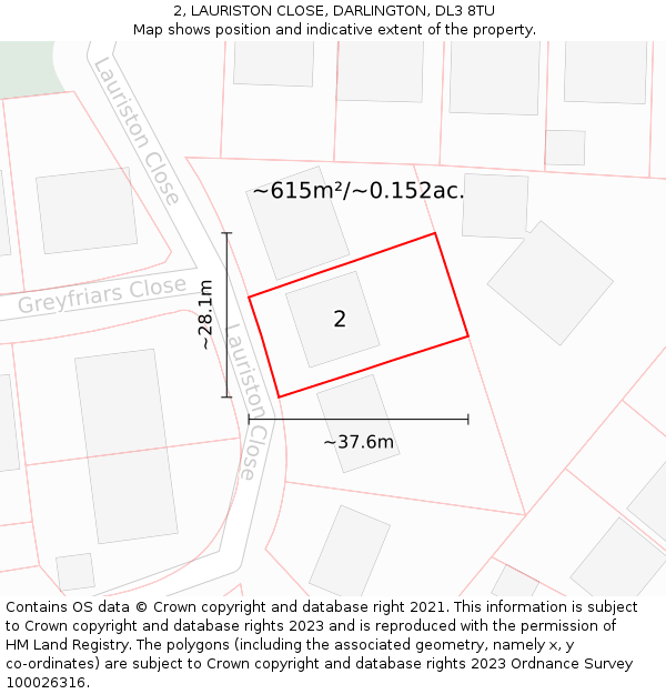 2, LAURISTON CLOSE, DARLINGTON, DL3 8TU: Plot and title map
