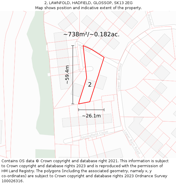 2, LAWNFOLD, HADFIELD, GLOSSOP, SK13 2EG: Plot and title map