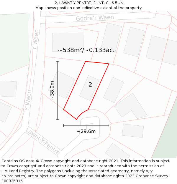 2, LAWNT Y PENTRE, FLINT, CH6 5UN: Plot and title map