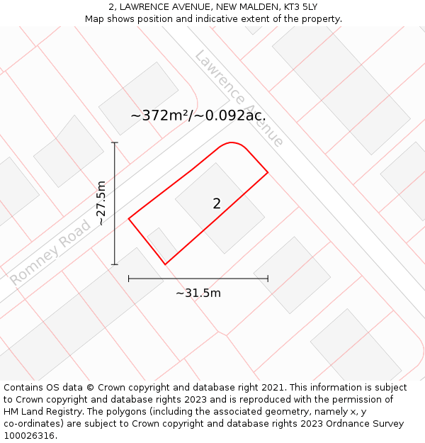 2, LAWRENCE AVENUE, NEW MALDEN, KT3 5LY: Plot and title map