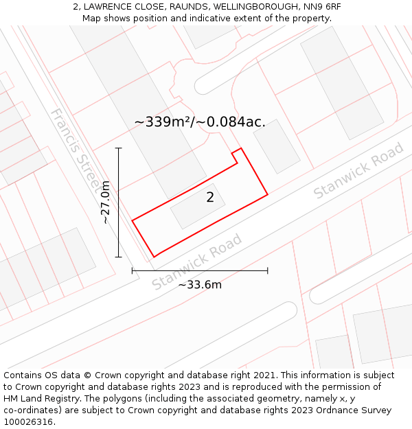 2, LAWRENCE CLOSE, RAUNDS, WELLINGBOROUGH, NN9 6RF: Plot and title map